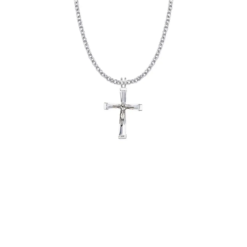 1 Inch Sterling Silver and Glass Crystal April Birthstone Baguette Crucifix Necklace