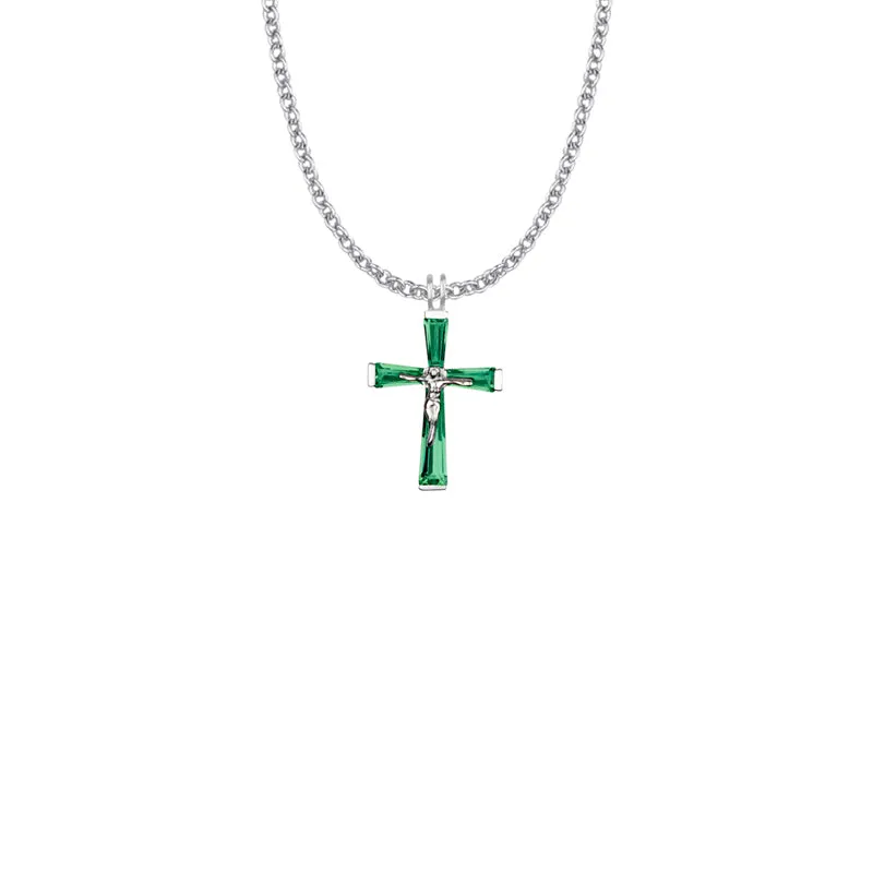 1 Inch Sterling Silver and Glass Crystal May Birthstone Baguette Crucifix Necklace