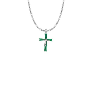 1 Inch Sterling Silver and Glass Crystal May Birthstone Baguette Crucifix Necklace