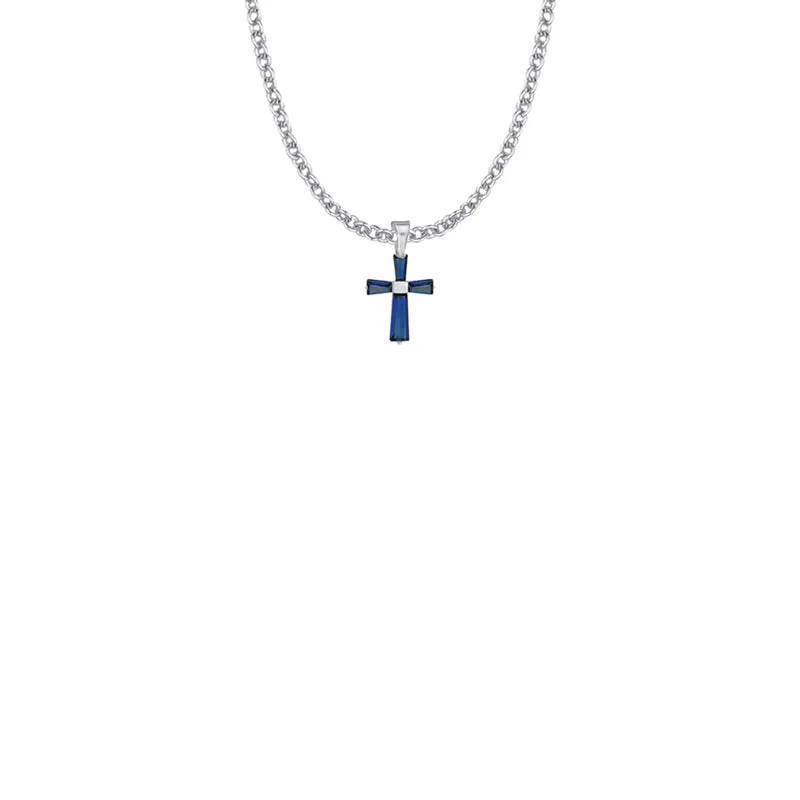 5/8 Inch Sterling Silver and Glass Crystal September Birthstone Baguette Cross Necklace