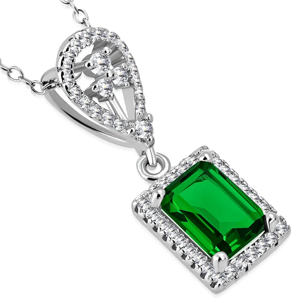 925 Sterling Silver Rectangular Teardrop Clear CZ Elegant Pendant Necklace