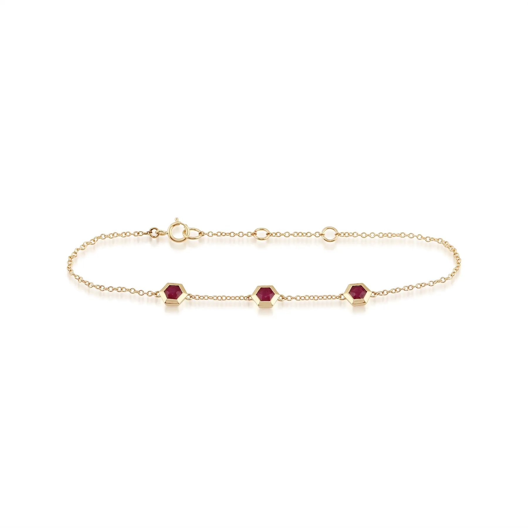 Bracelet Géométrique Or Jaune 375 Trois Rubis Hexagonaux serti Clos