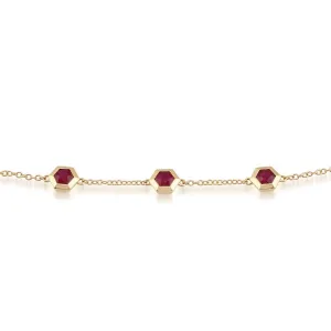 Bracelet Géométrique Or Jaune 375 Trois Rubis Hexagonaux serti Clos