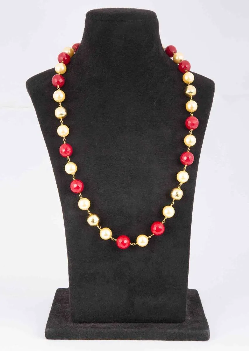 Cream Pearls And Ruby Red Beaded Necklace Online - Kalki Fashion