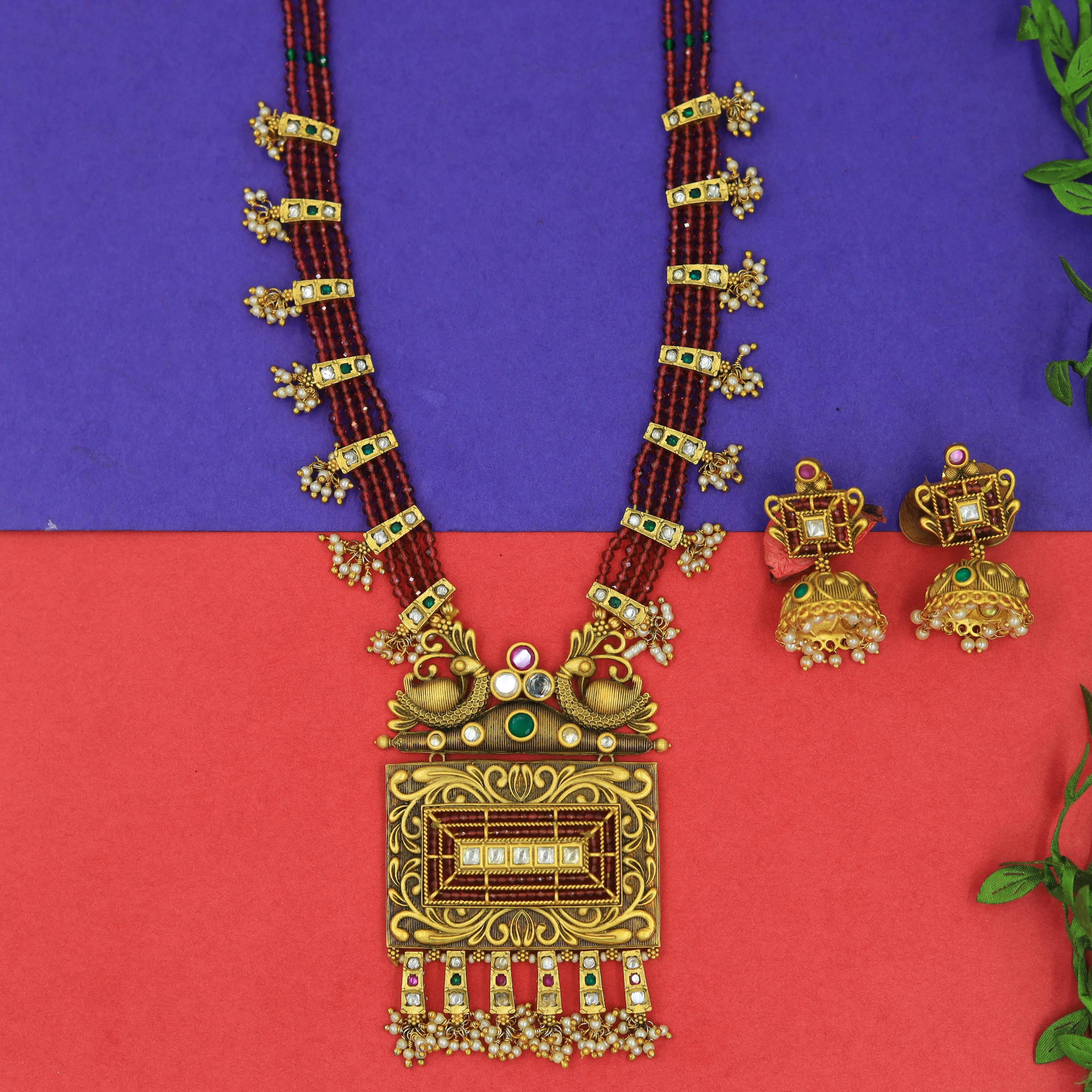 Designer Ruby Green Antique Gold Pendant Set 17023-4171
