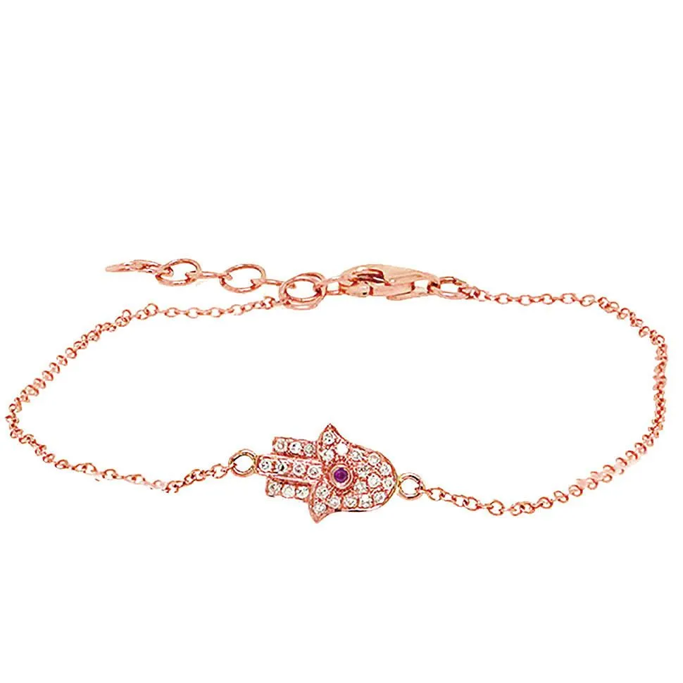 Diamond & 0.01ct Ruby 14k Rose Gold Hamsa Bracelet