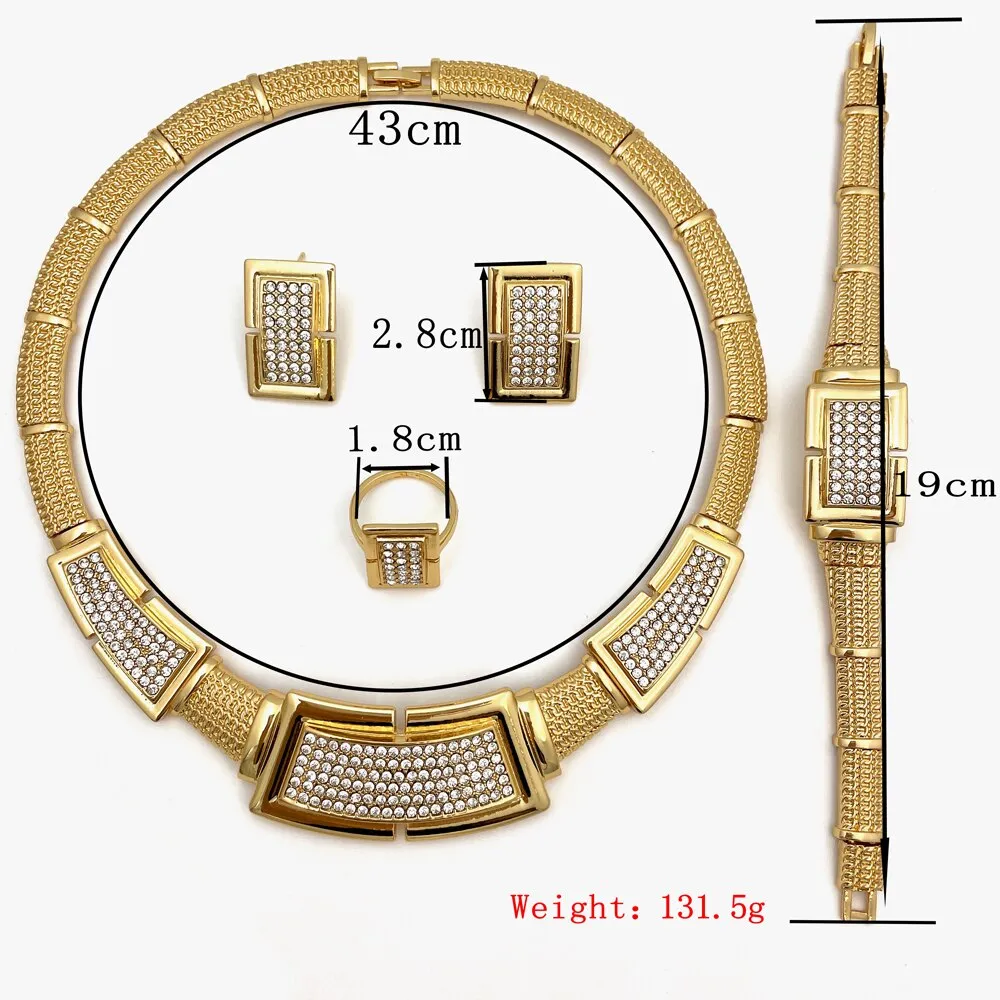 Dubai Gold Color Jewelry Sets Women Necklace Square Earring Big Bracelet