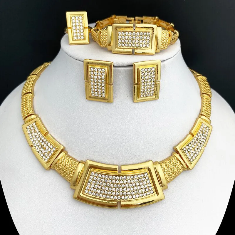 Dubai Gold Color Jewelry Sets Women Necklace Square Earring Big Bracelet