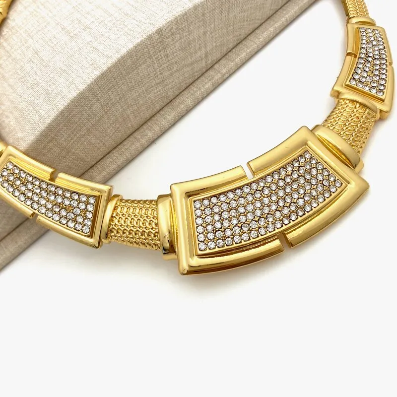 Dubai Gold Color Jewelry Sets Women Necklace Square Earring Big Bracelet
