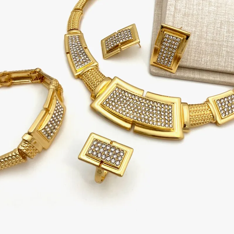 Dubai Gold Color Jewelry Sets Women Necklace Square Earring Big Bracelet
