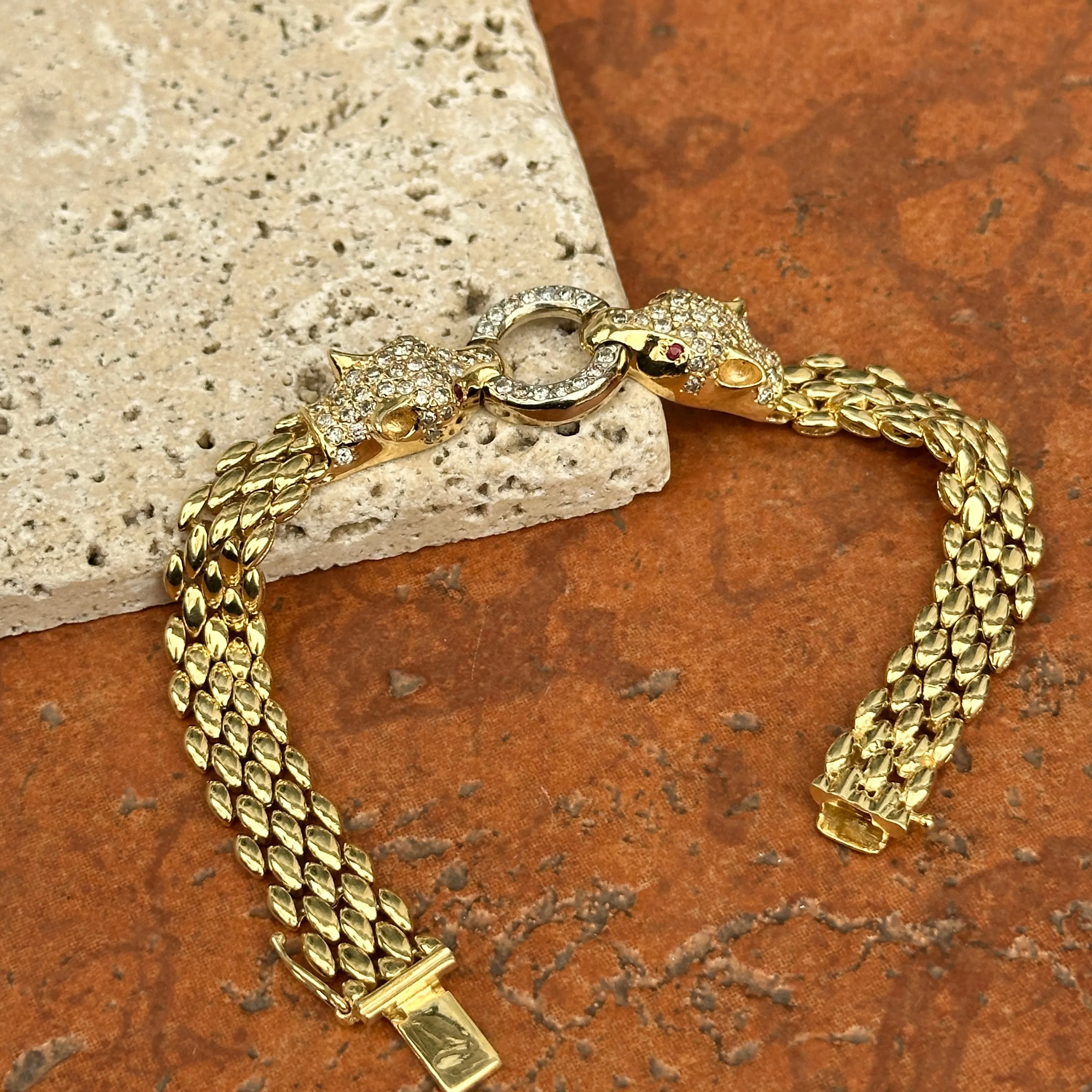 Estate 14KT Yellow Gold Double Panther Head Diamond   Ruby Chain Bracelet