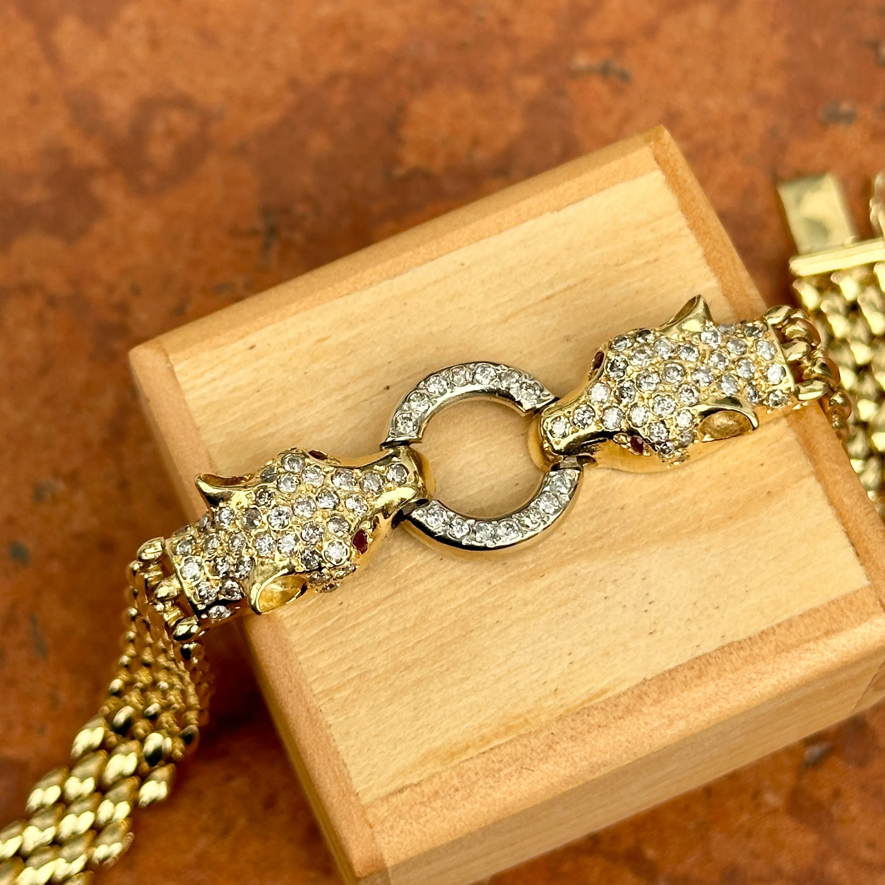 Estate 14KT Yellow Gold Double Panther Head Diamond   Ruby Chain Bracelet
