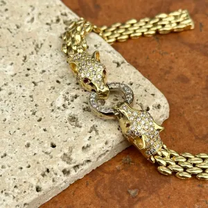 Estate 14KT Yellow Gold Double Panther Head Diamond   Ruby Chain Bracelet