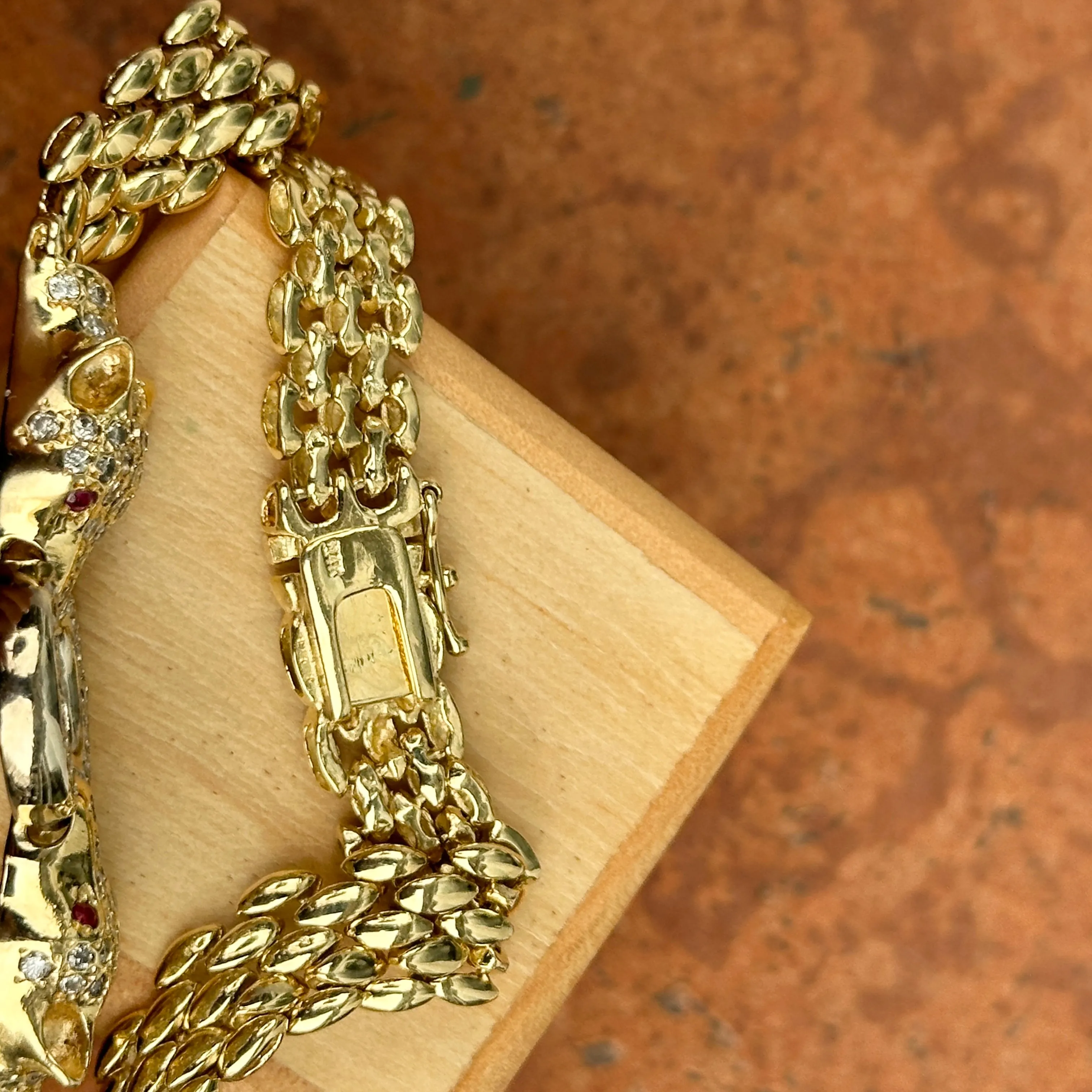Estate 14KT Yellow Gold Double Panther Head Diamond   Ruby Chain Bracelet