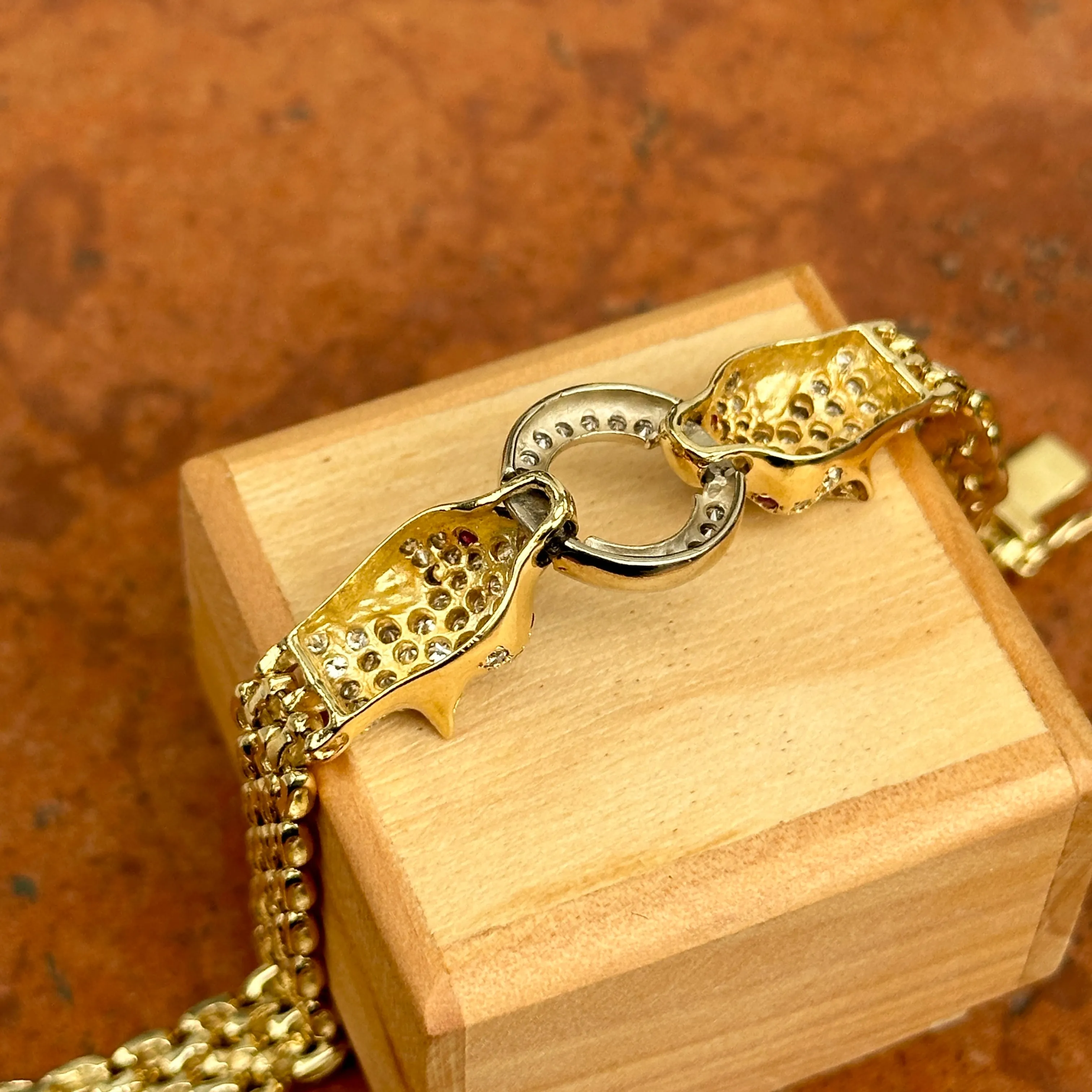 Estate 14KT Yellow Gold Double Panther Head Diamond   Ruby Chain Bracelet