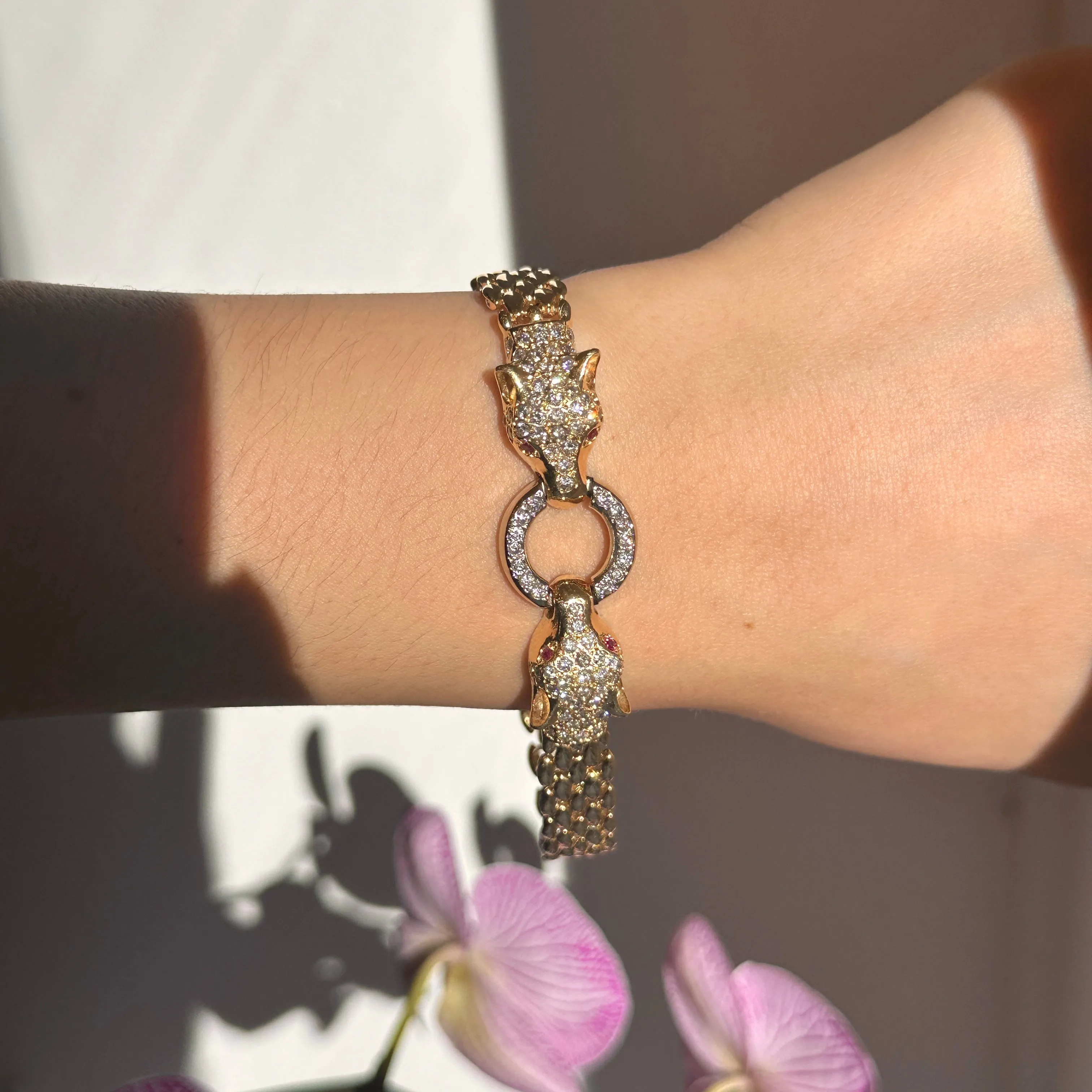 Estate 14KT Yellow Gold Double Panther Head Diamond   Ruby Chain Bracelet
