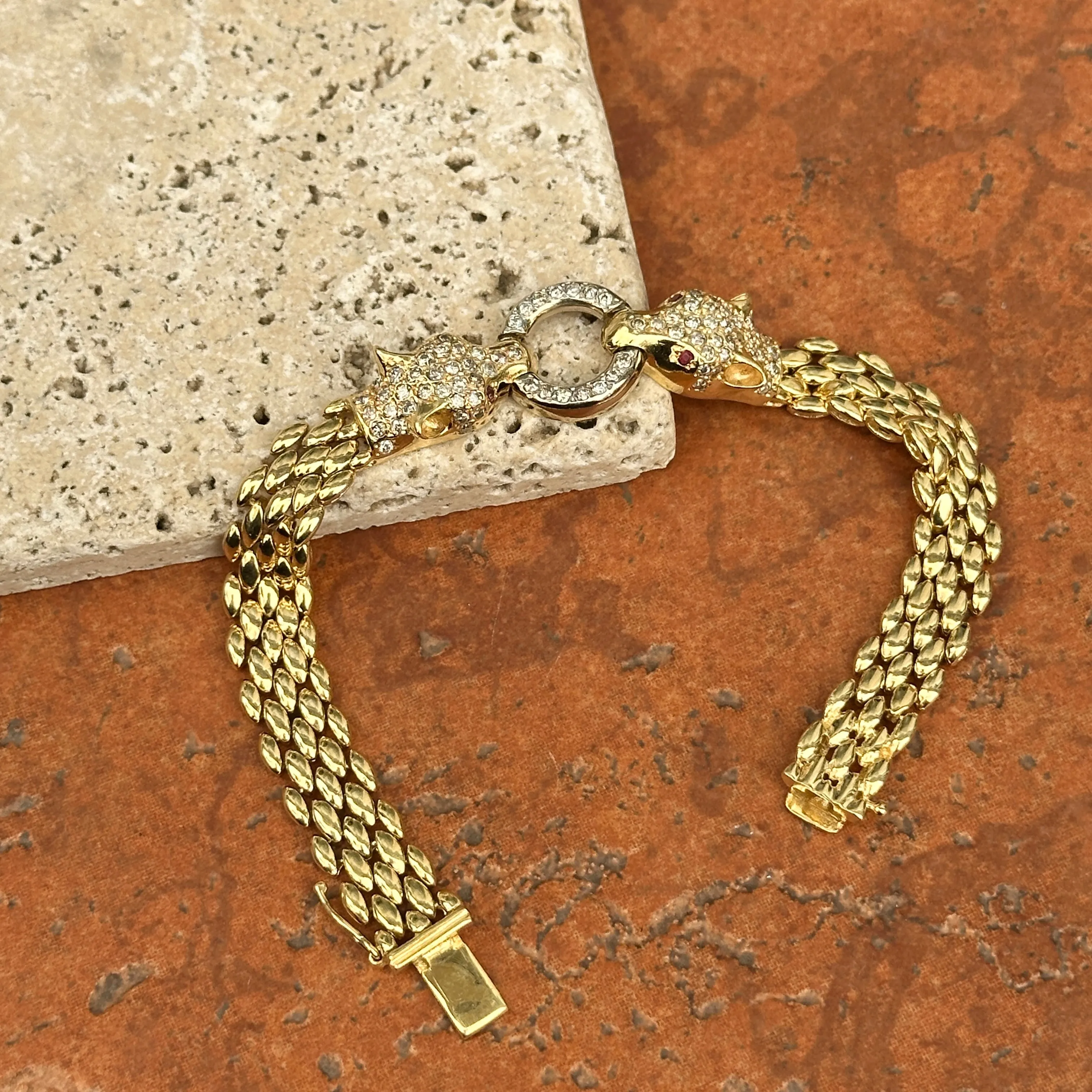 Estate 14KT Yellow Gold Double Panther Head Diamond   Ruby Chain Bracelet