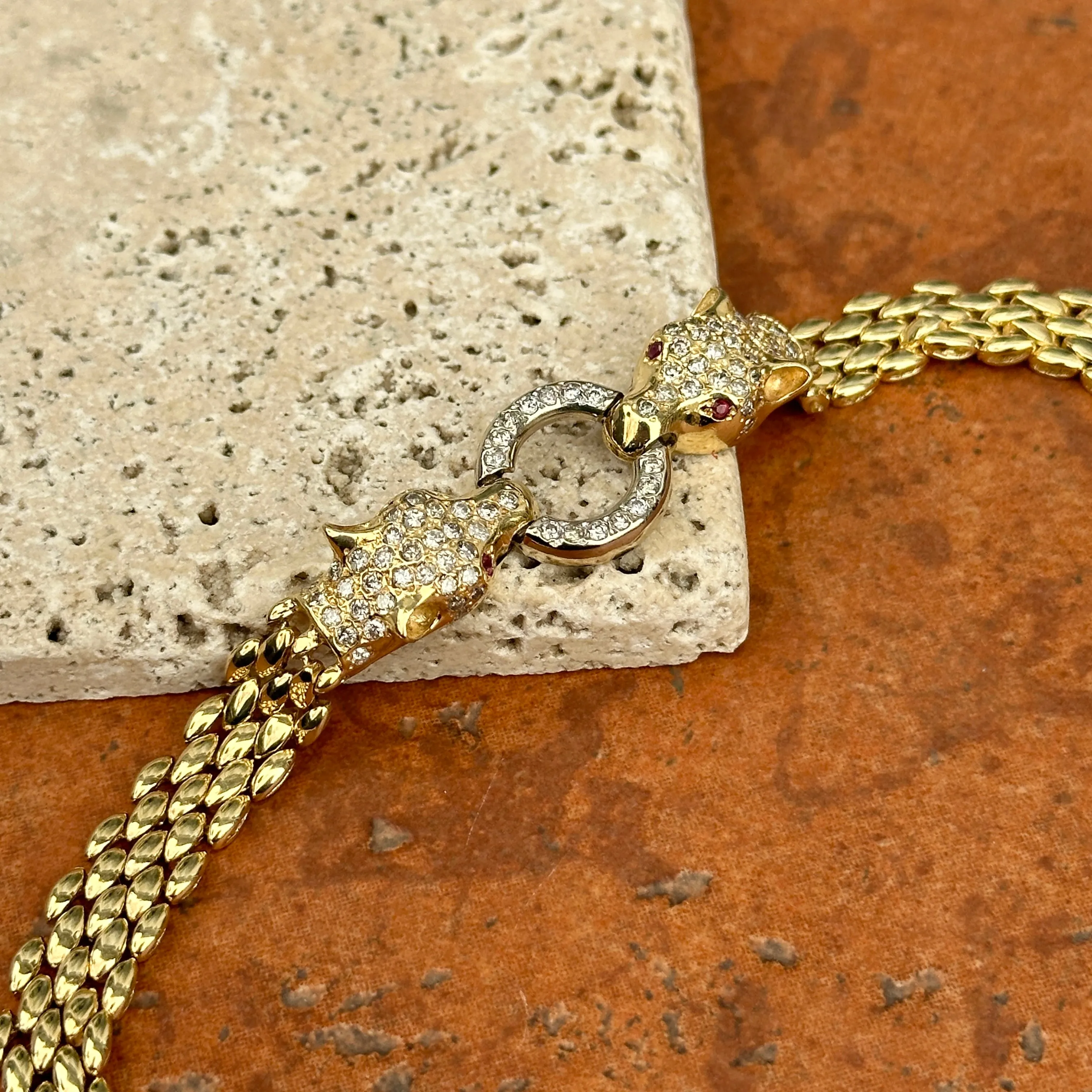 Estate 14KT Yellow Gold Double Panther Head Diamond   Ruby Chain Bracelet