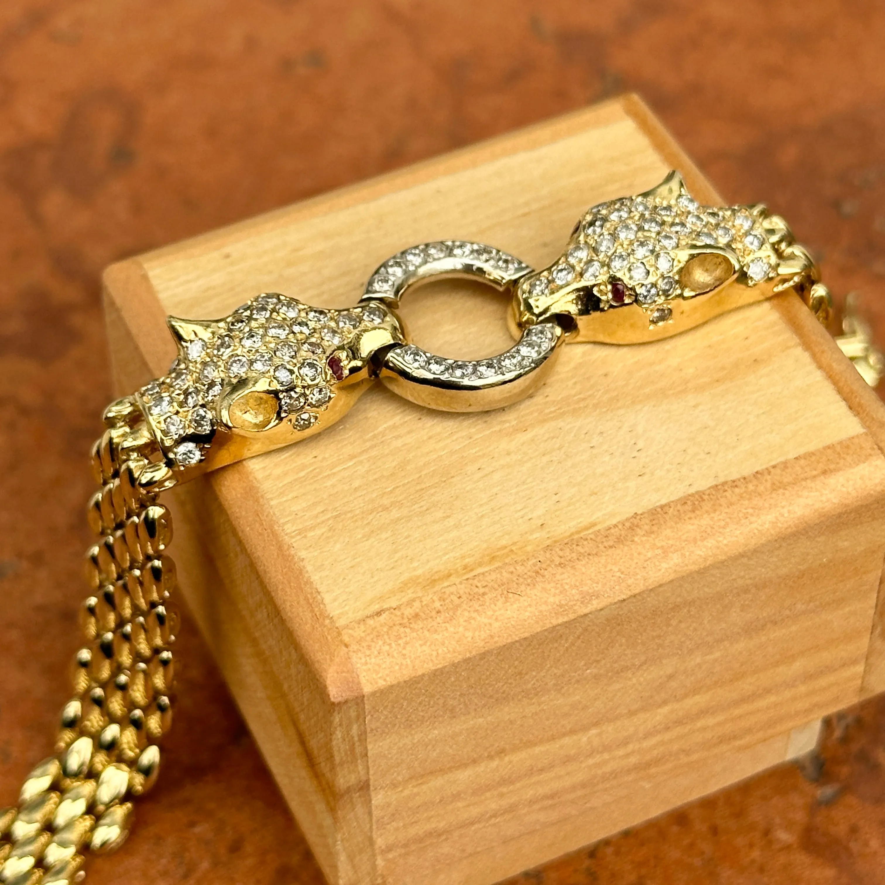 Estate 14KT Yellow Gold Double Panther Head Diamond   Ruby Chain Bracelet