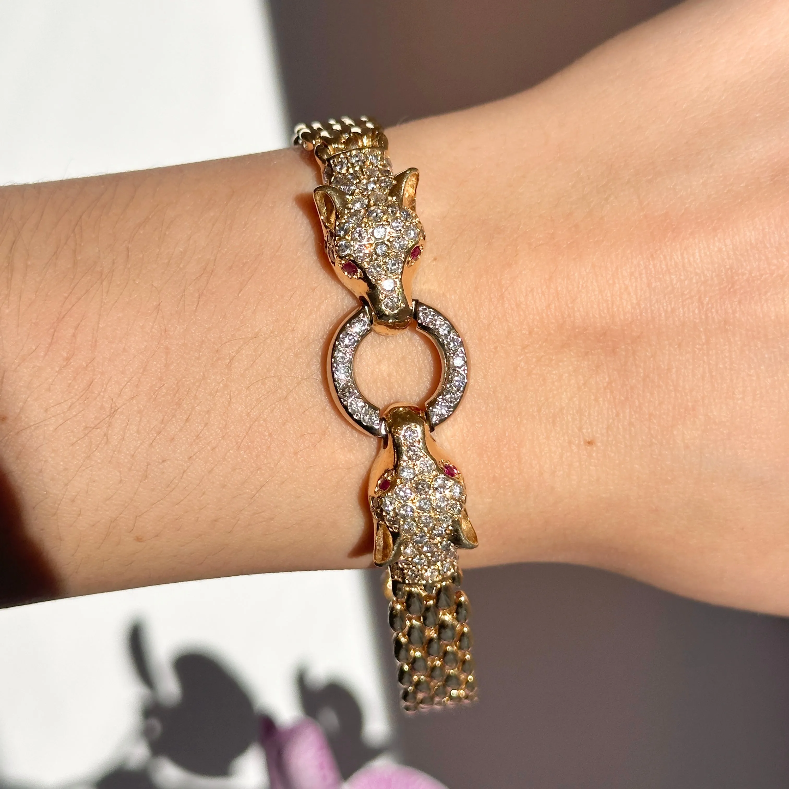 Estate 14KT Yellow Gold Double Panther Head Diamond   Ruby Chain Bracelet