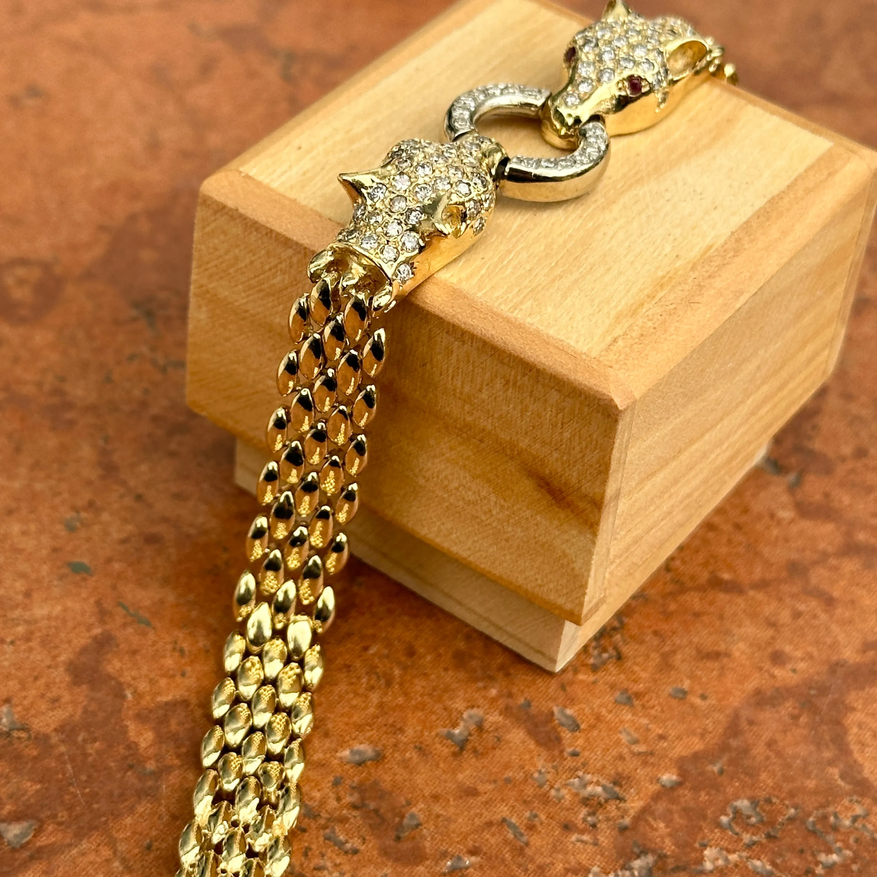 Estate 14KT Yellow Gold Double Panther Head Diamond   Ruby Chain Bracelet