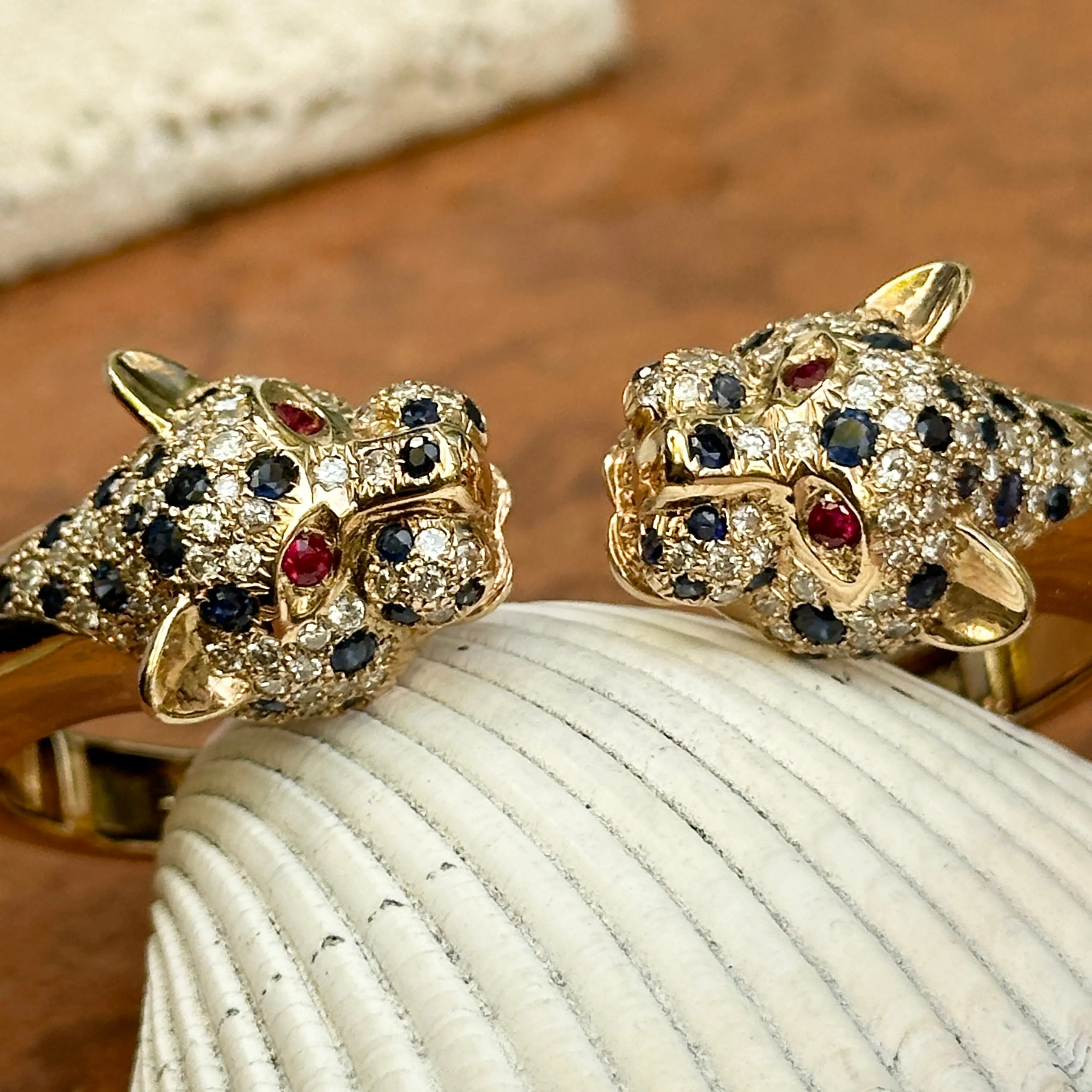 Estate 14KT Yellow Gold Pave Blue Sapphire, Diamond   Ruby Panther Cuff Bracelet