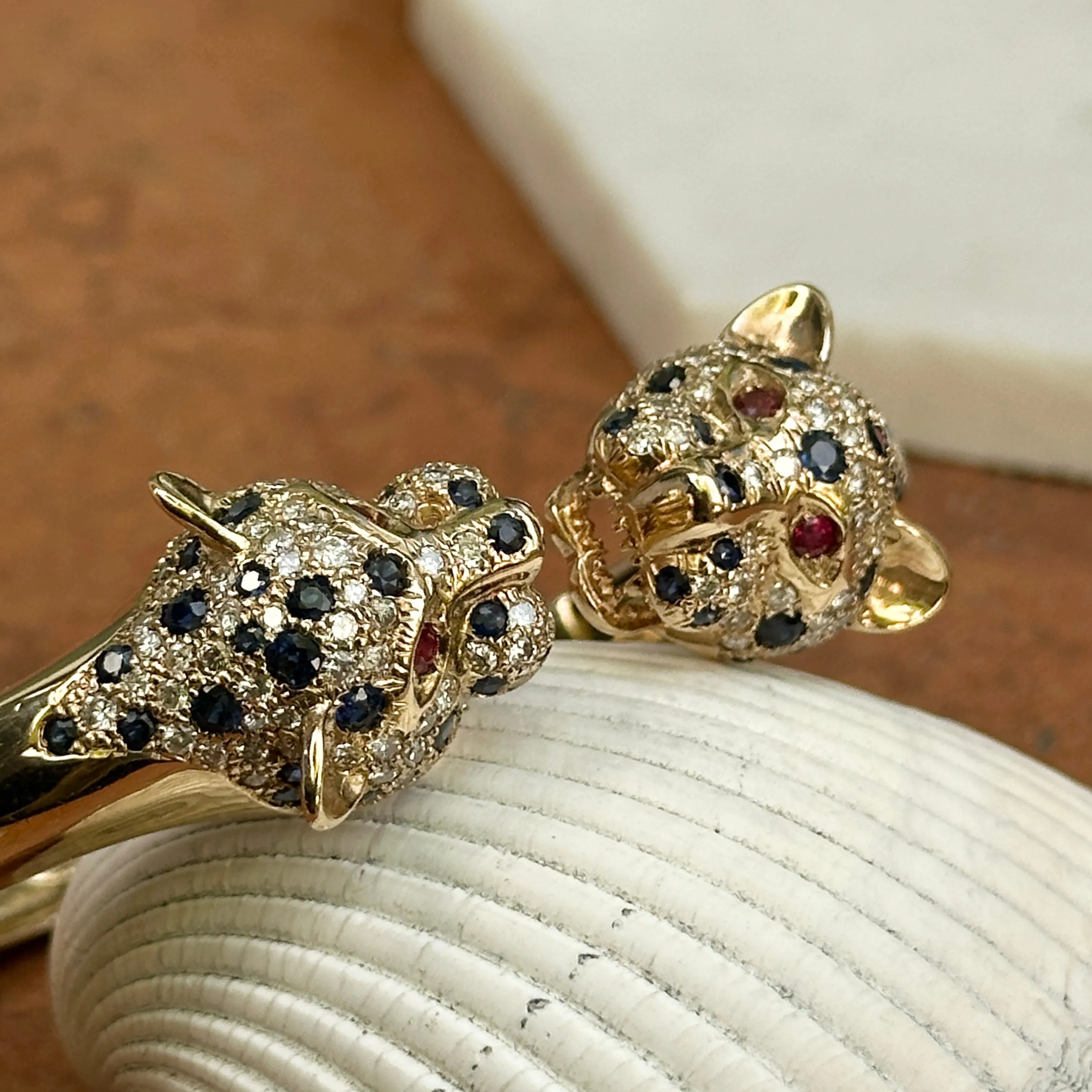 Estate 14KT Yellow Gold Pave Blue Sapphire, Diamond   Ruby Panther Cuff Bracelet