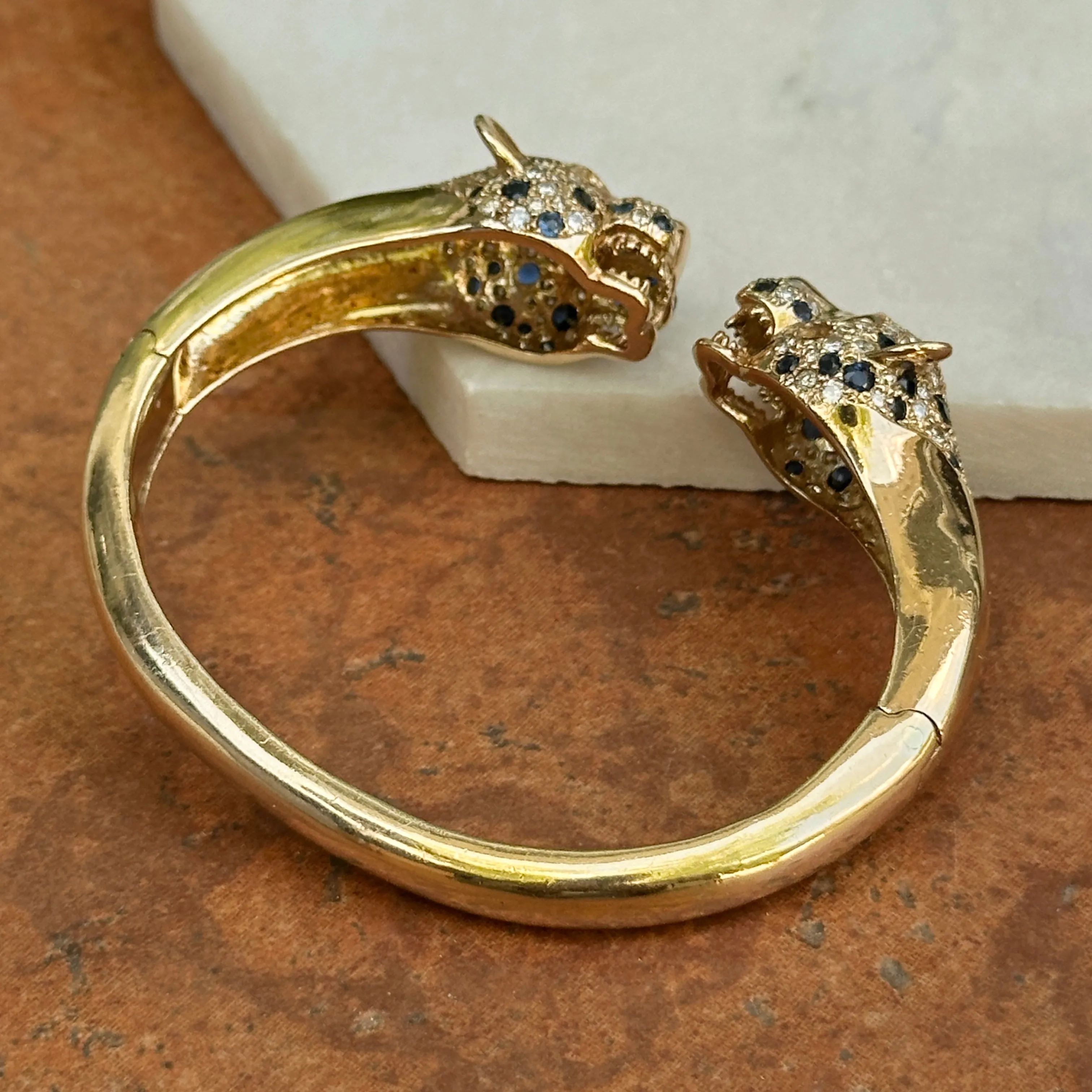 Estate 14KT Yellow Gold Pave Blue Sapphire, Diamond   Ruby Panther Cuff Bracelet