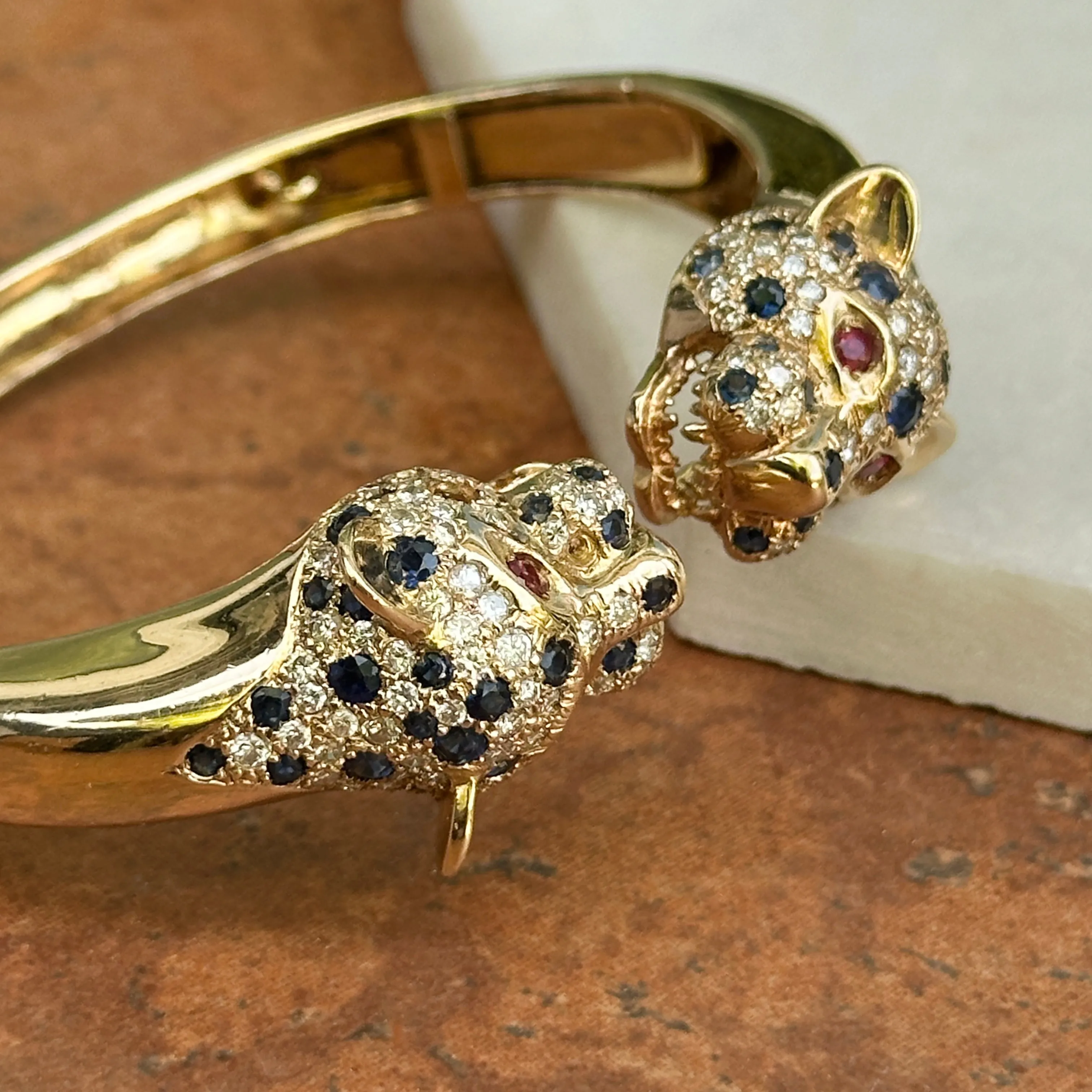 Estate 14KT Yellow Gold Pave Blue Sapphire, Diamond   Ruby Panther Cuff Bracelet