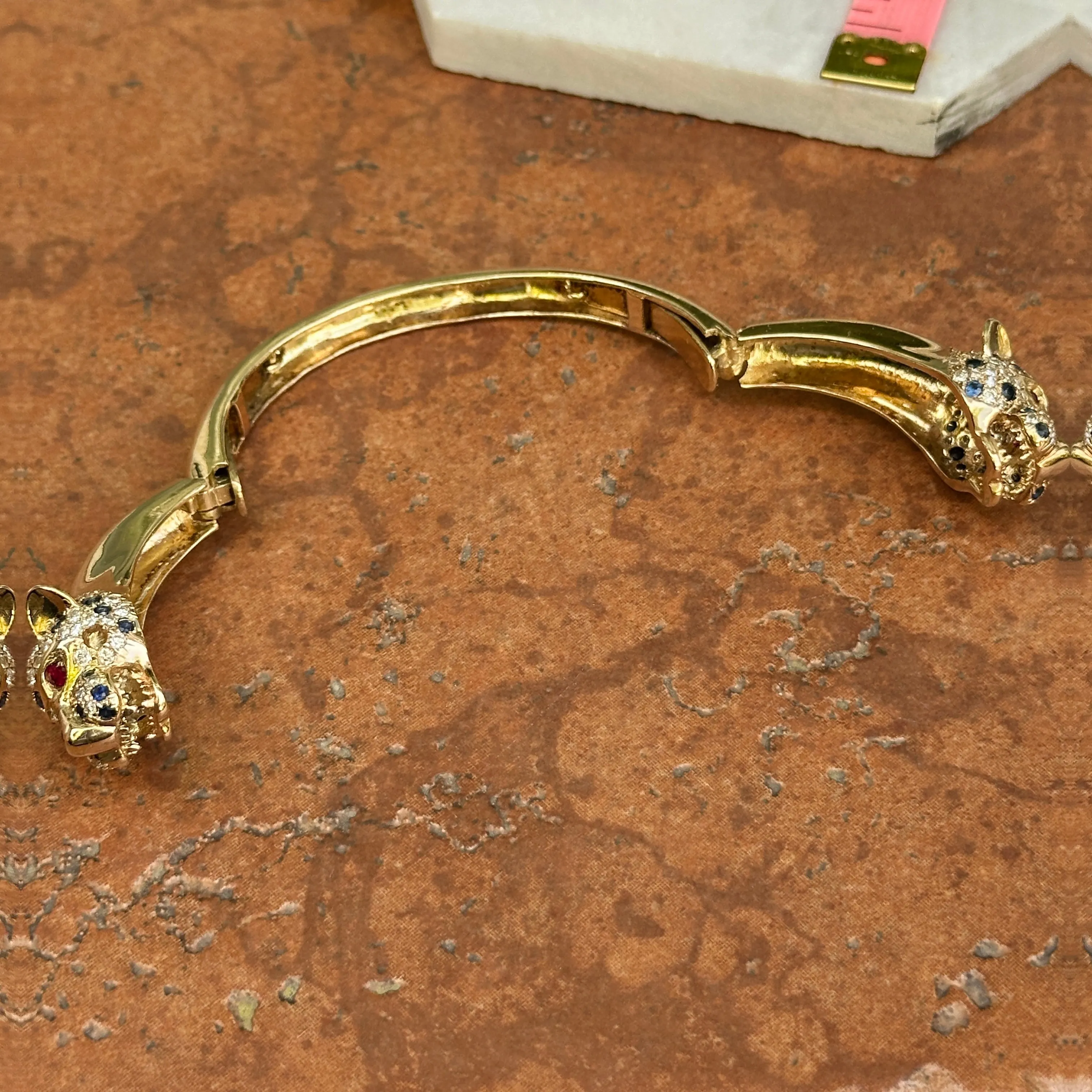 Estate 14KT Yellow Gold Pave Blue Sapphire, Diamond   Ruby Panther Cuff Bracelet