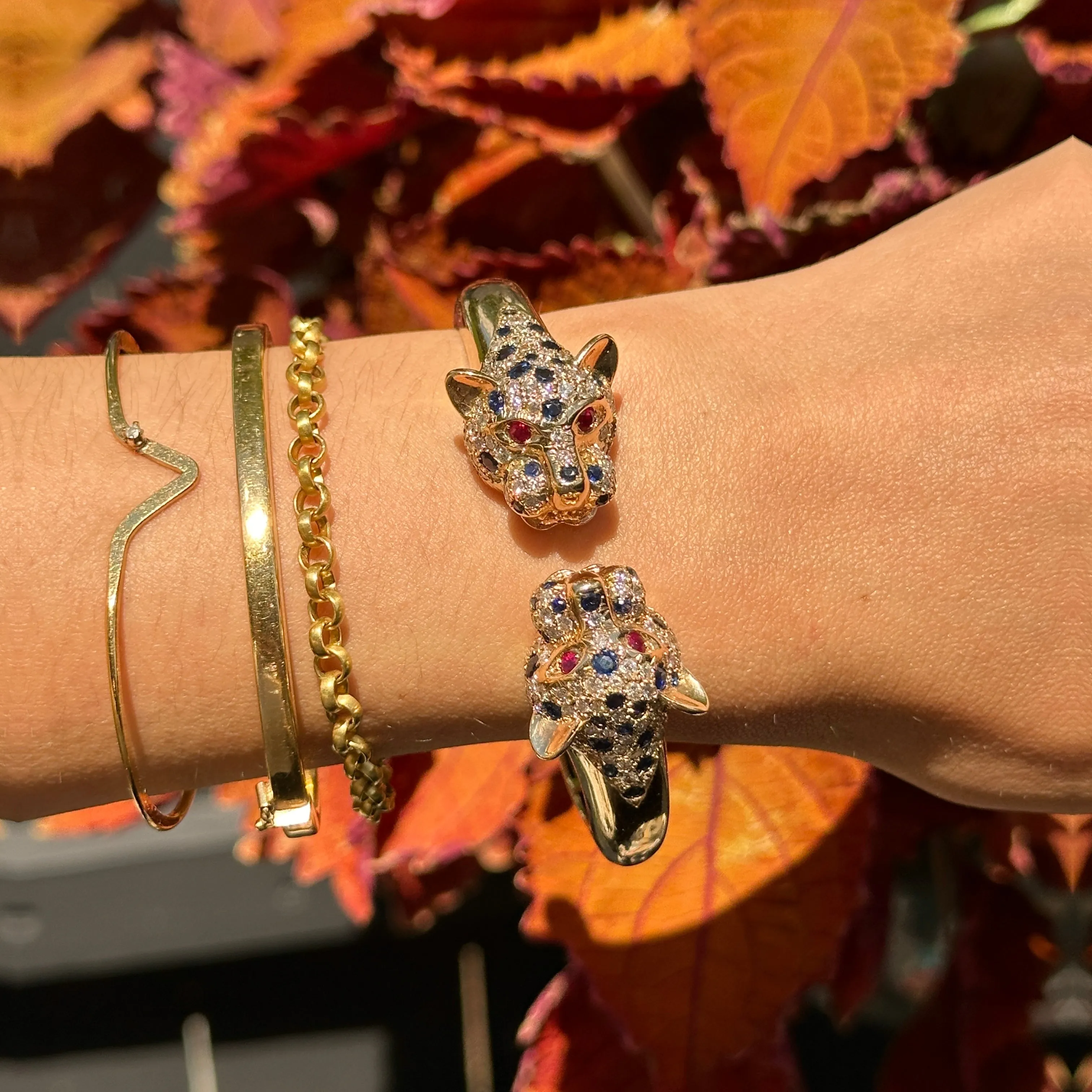 Estate 14KT Yellow Gold Pave Blue Sapphire, Diamond   Ruby Panther Cuff Bracelet