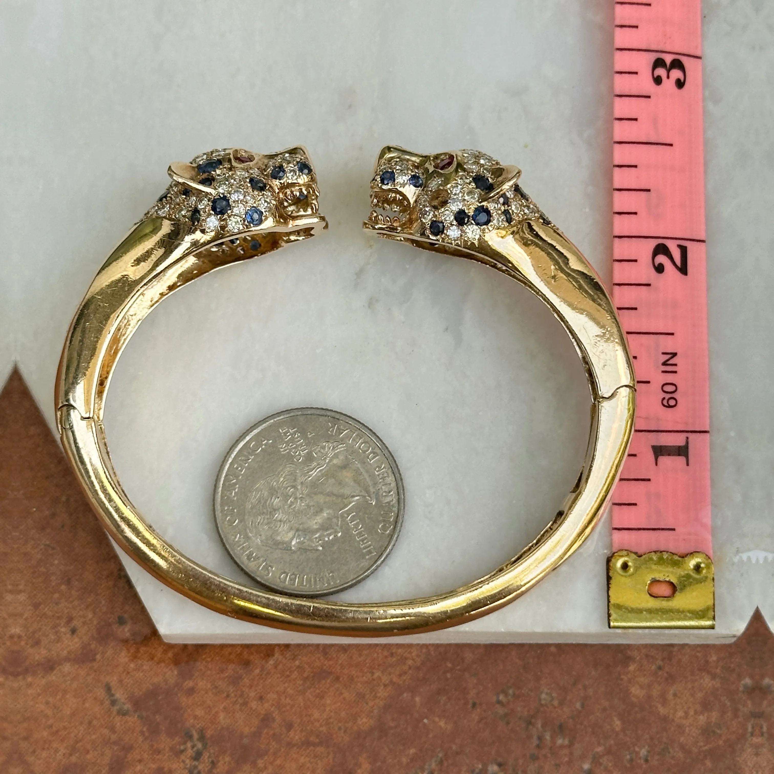 Estate 14KT Yellow Gold Pave Blue Sapphire, Diamond   Ruby Panther Cuff Bracelet