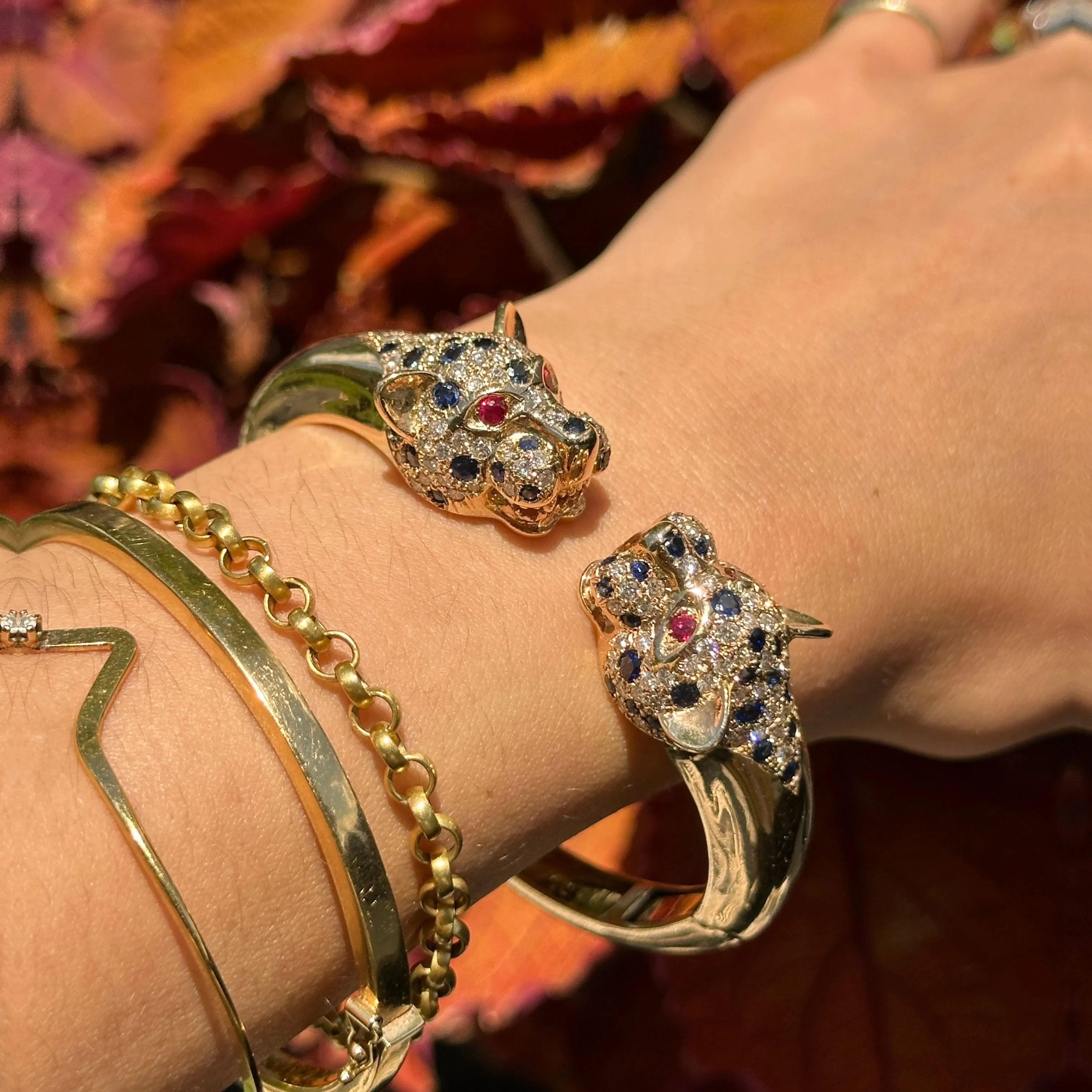 Estate 14KT Yellow Gold Pave Blue Sapphire, Diamond   Ruby Panther Cuff Bracelet