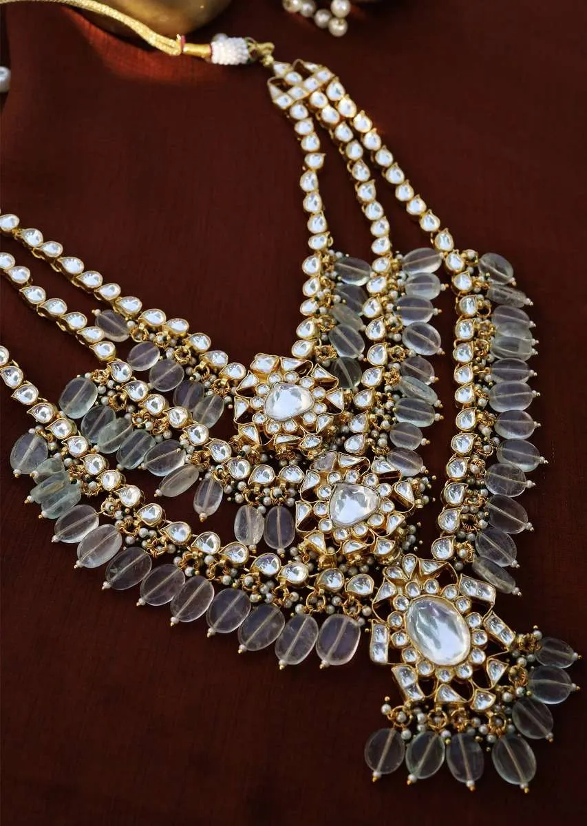 Mint And Gold Layered Necklace Set Adorned In Kundan Work In Floral Motifs, Pearls And Aquamarine Stones By Paisley Pop