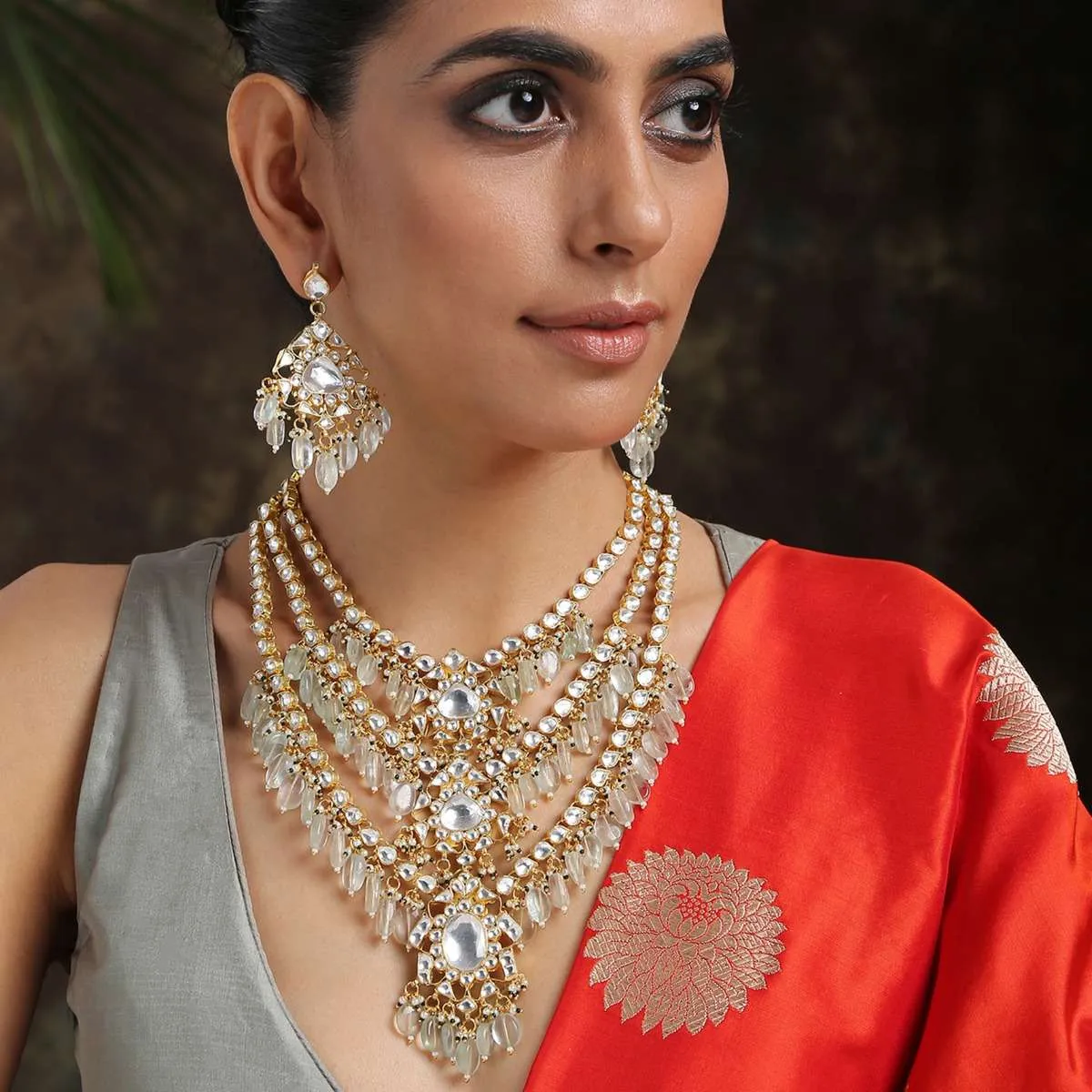 Mint And Gold Layered Necklace Set Adorned In Kundan Work In Floral Motifs, Pearls And Aquamarine Stones By Paisley Pop