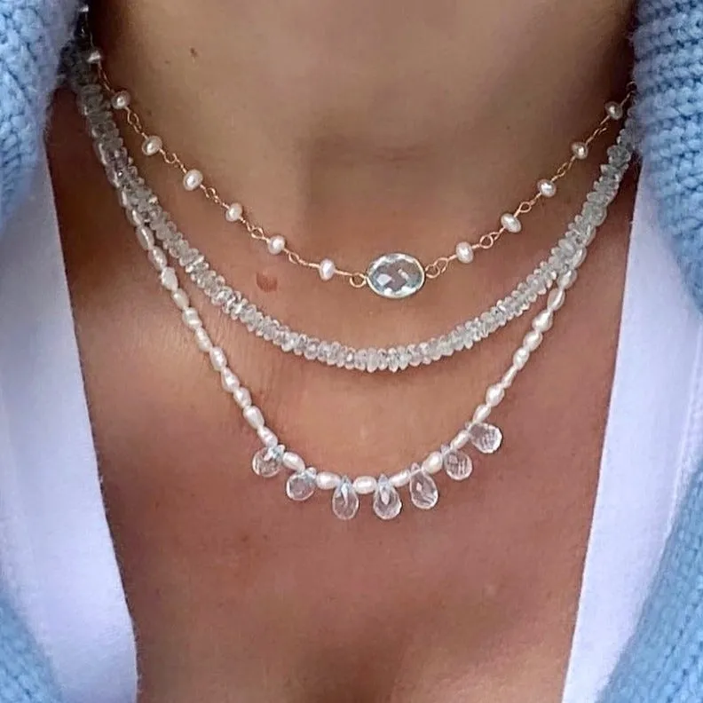 Pearl Necklace with Aquamarine Drop
