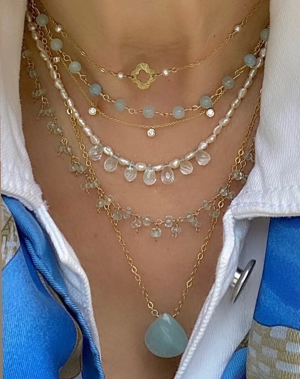 Pearl Necklace with Aquamarine Drop