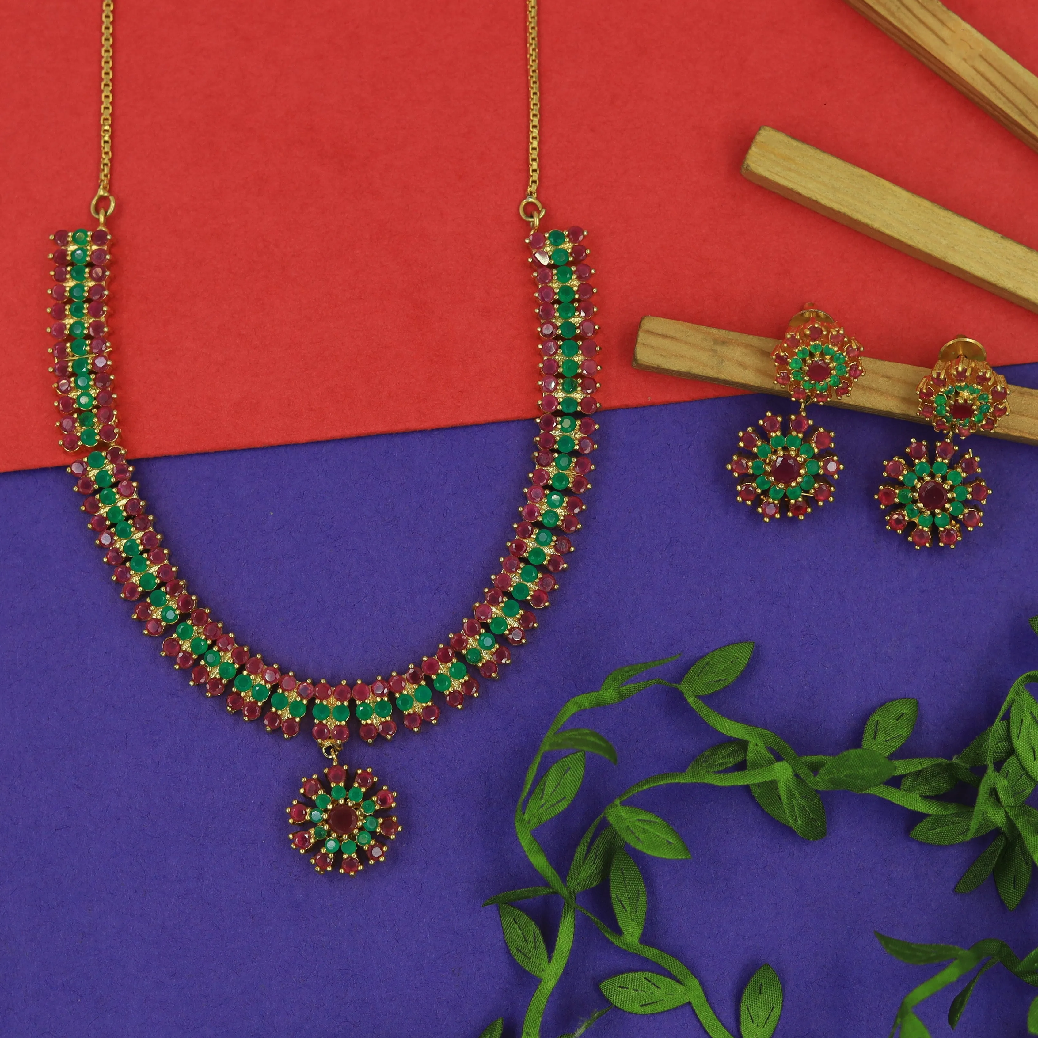 Ruby Green Jadau Necklace Set 13923-1012
