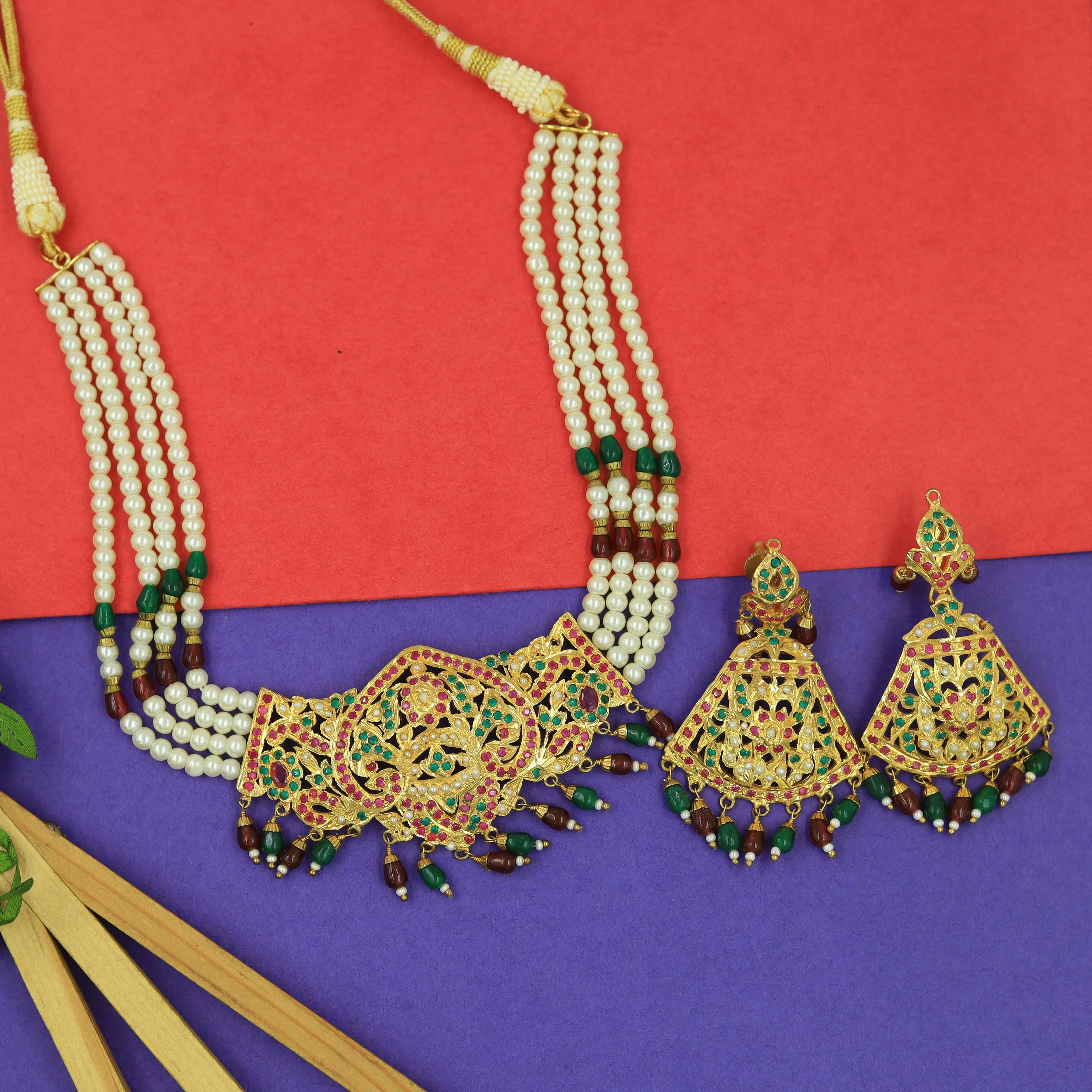 Ruby Green Jadau Necklace Set 19195-6377