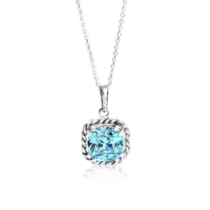 Sterling Silver Aquamarine CZ Rope Pendant Necklace