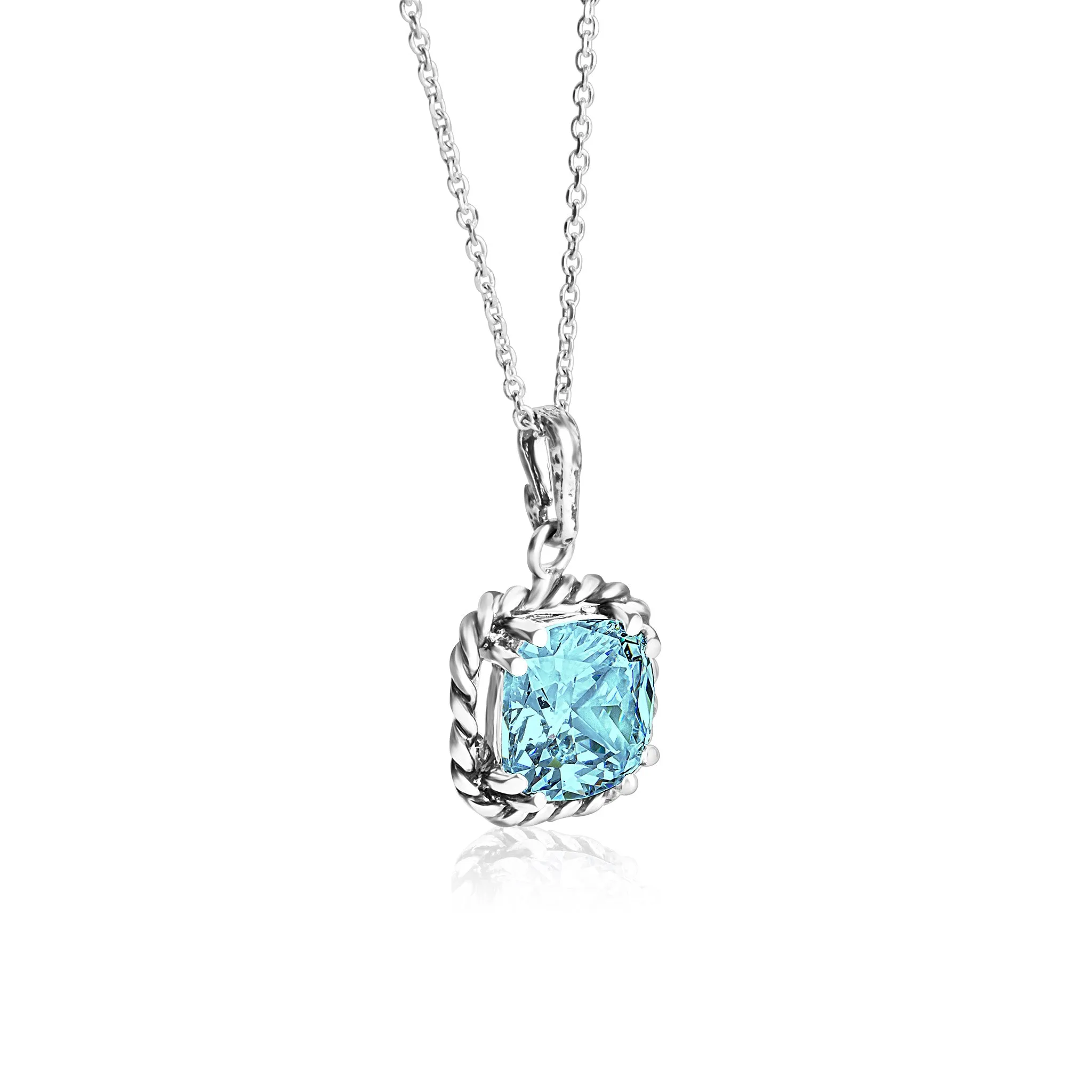Sterling Silver Aquamarine CZ Rope Pendant Necklace