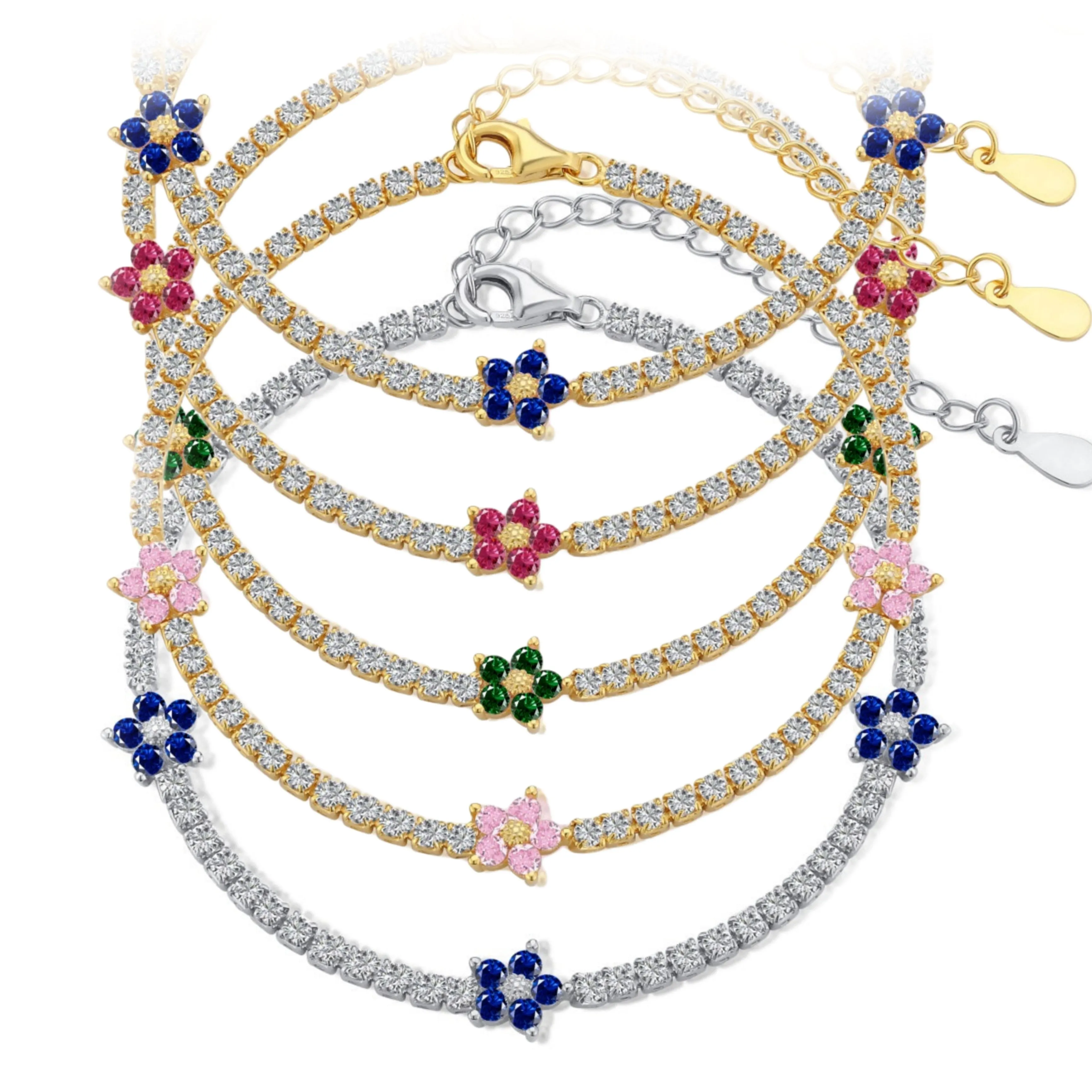 Sterling Silver Colorful Tennis Flower Bracelet