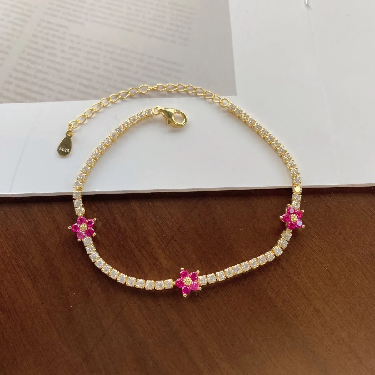 Sterling Silver Colorful Tennis Flower Bracelet