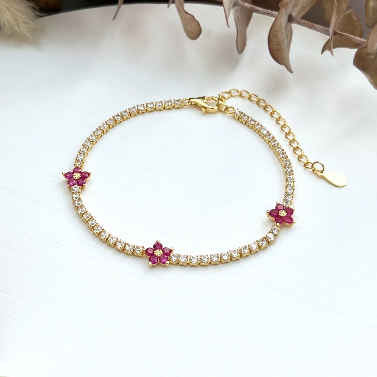Sterling Silver Colorful Tennis Flower Bracelet