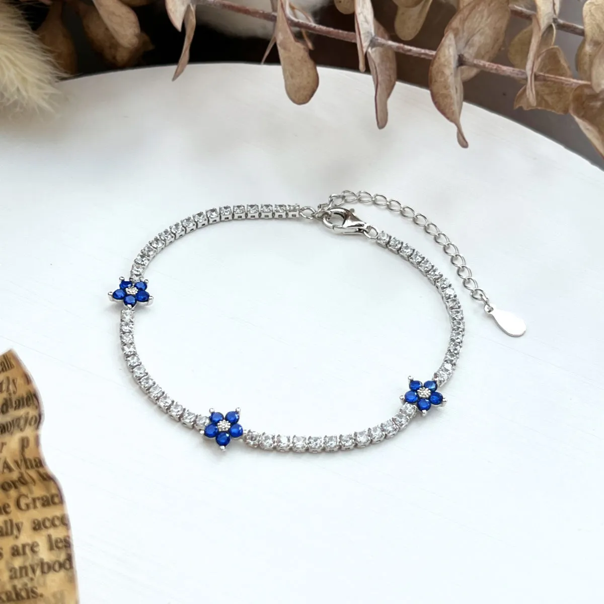 Sterling Silver Colorful Tennis Flower Bracelet