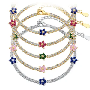 Sterling Silver Colorful Tennis Flower Bracelet