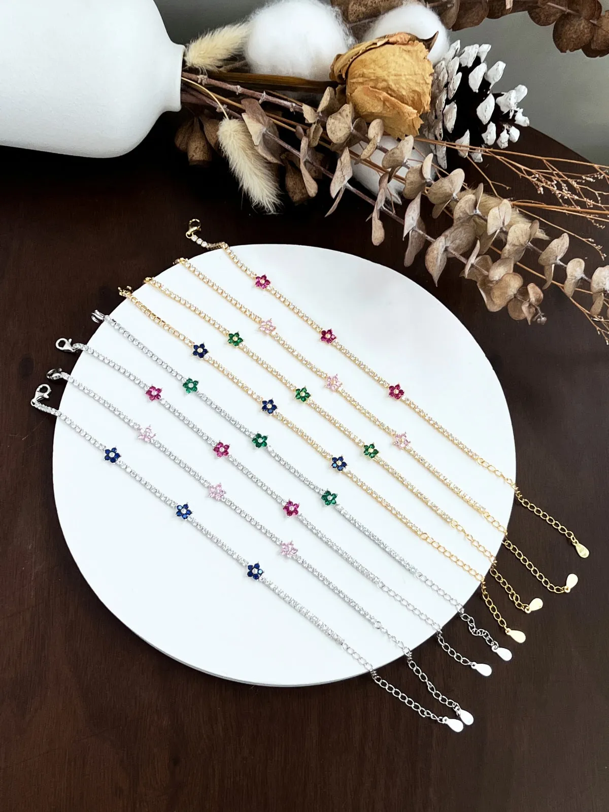 Sterling Silver Colorful Tennis Flower Bracelet