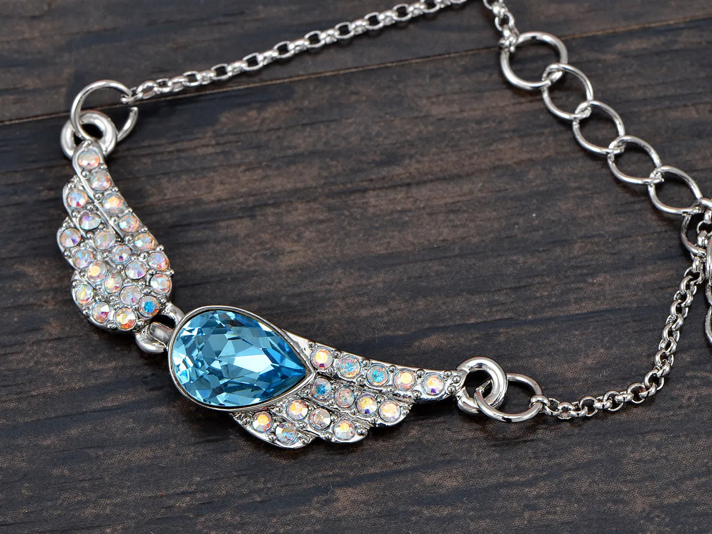 Swarovski Crystal Element Aurora Borealis Aqua Teardrop Angel Wing Necklace