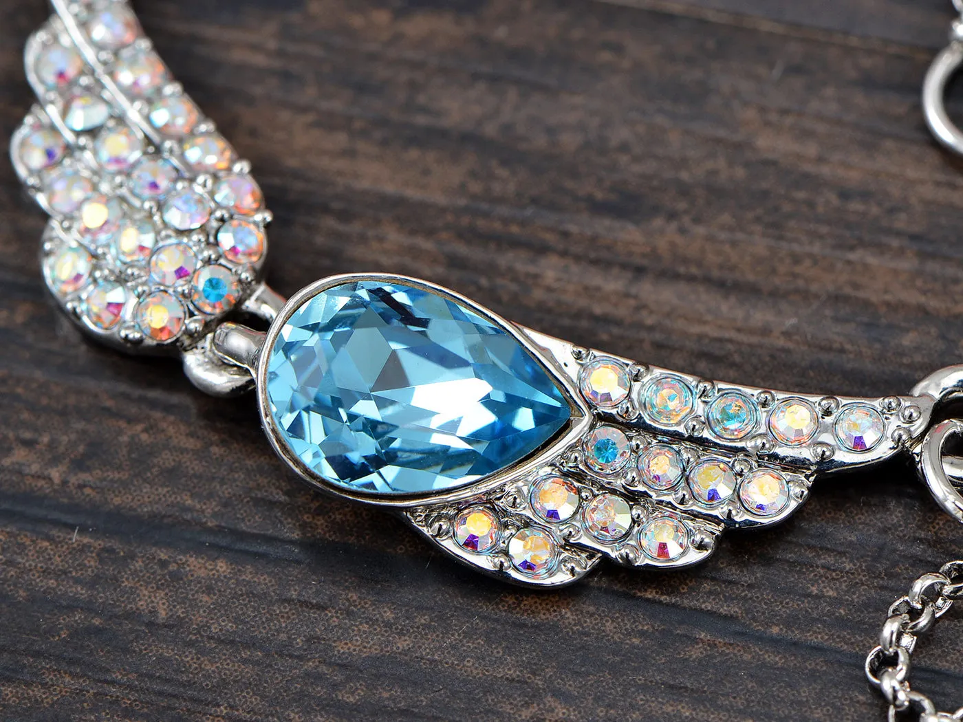 Swarovski Crystal Element Aurora Borealis Aqua Teardrop Angel Wing Necklace
