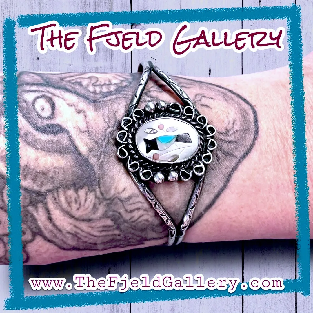 Vintage Zuni Native American Woodpecker Blue Bird Sterling Cuff Bracelet